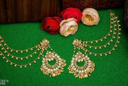 22 K Gold Plated chain Bahubali Long Hair Attach Indian Earrings 1 Step  Jhumka | eBay